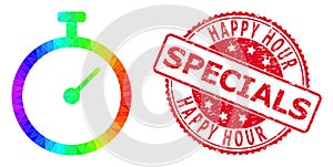 Round Distress Happy Hour Specials Stamp Seal with Vector Triangle Filled Time Tracker Icon with Spectral Colored