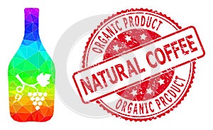 Round Distress Organic Product Natural Coffee Stamp Seal With Vector Triangle Filled Wine Bottle Icon with Spectrum