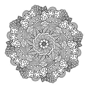 Round element for coloring book. Black and white floral pattern.