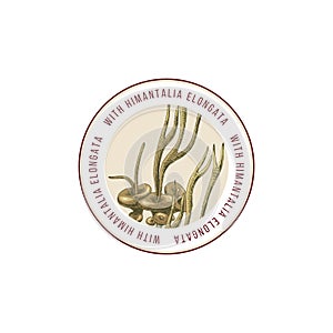 Round emblem with hand drawn Himantalia Elongata algae