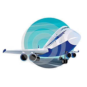 Round emblem with a modern passenger plane