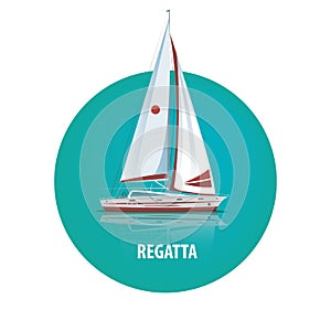 Round emblem of sailing yacht on the water with reflection