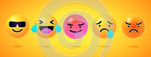 Round emoticons Yellow Emoji faces emoticon smile, digital smiley expression emotion feelings, chat cartoon emotes