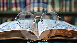 Round eyeglasses on a thick book with a blurred library background