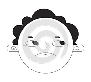 Round face disappointed black and white 2D vector avatar illustration