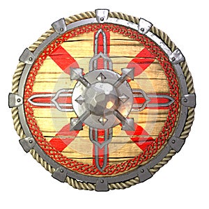 Round fantasy wooden shield with iron inserts on an isolated white background. 3d illustration