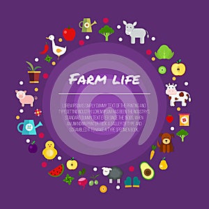 Round farm flat banners depicting life in countryside animals isolated vector illustration