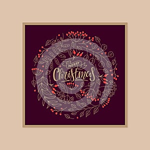 Round festive frame for greeting card with botanical elements and calligraphy lettering Merry Christmas. Winter Season