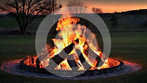 Round fire pit with logs and flames. Burning firewood