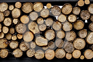 Round firewood texture. Pile of wood logs ready for winter