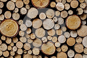 Round firewood texture. Pile of wood logs ready for winter