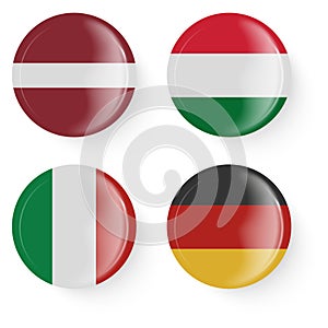 Round flags of Latvia, Hungary, Italy, Germany. Pin buttons.