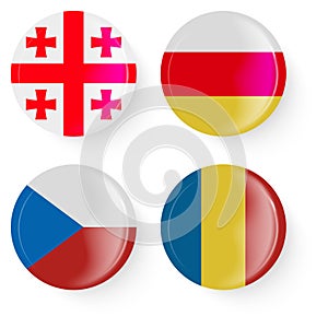 Round flags of Romania, Greece, South Ossetia, Czech Republic. Pin buttons.