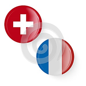 Round flags of Switzerland, France. Pin buttons.