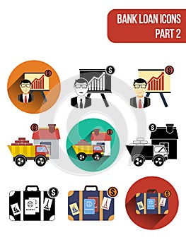 Round flat icons for various types of bank loan services. Part 2.