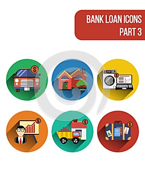 Round flat icons for various types of bank loan services. Part 3.