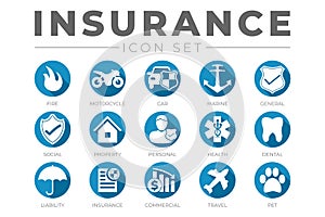 Round Flat Insurance Icon Set with Car, Property, Fire, Life, Pet, Travel, Dental, Health, Marine, Liability Insurance Icons