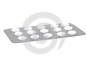 Round flat white pills in packaging isolated on white background. advertising of medicines. first aid kit. treatment.