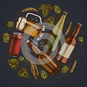 Round floral design on dark background with rye, hop, mug of beer, bottles of beer, aluminum can