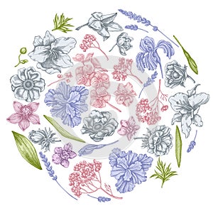 Round floral design with pastel anemone, lavender, rosemary everlasting, phalaenopsis, lily, iris