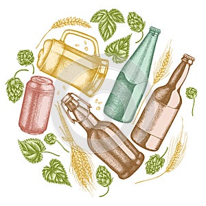 Round floral design with pastel rye, hop, mug of beer, bottles of beer, aluminum can