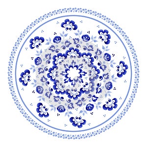 Round floral element in Russian folk style Gzhel