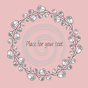 Round floral frame with black and white simple doodle roses