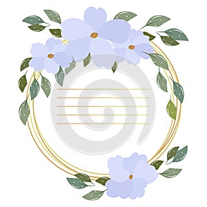 Round floral frame of delicate blue flowers with leaves and gold rings on a white background. Print, wedding invitation