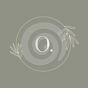 Round Floral frame with the Letter O. Wedding Monogram and Logo with Olive Branch in Modern Minimal Liner Style. Vector
