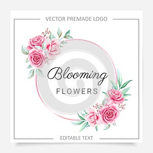 Round floral frame premade logo with blush and burgundy flowers. Editable floral badge for wedding or branding