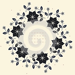 Round floral frame with stylish flowers, leaves and stars