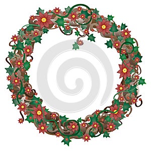 Round floral garland with red flowers. Wreath.