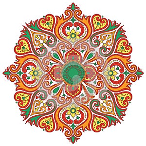 Round floral ornament pattern. Vintage decorative folk art element, mandala background