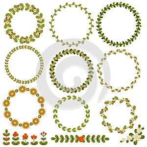 Round floral vector frames and other elements for summer design