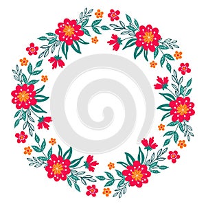 Round flower wreath with cute flowers and leaves