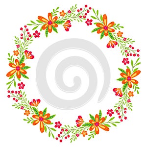 Round flower wreath with cute flowers and leaves