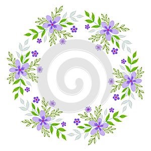 Round flower wreath with cute flowers and leaves