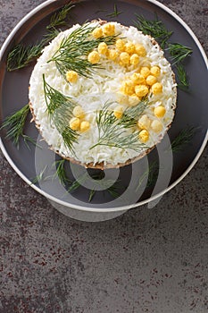 Round formed mimosa salad with vegetables, eggs and canned fish closeup on gray plate. Vertical top view