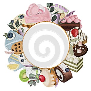 Round frame of aesthetic chocolate cakes, candies and sweets