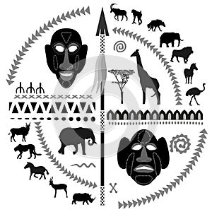 Round frame with african masks, spear, patterns and animal silhouettes.