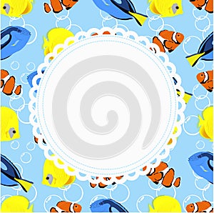 round frame on a background in marine style with a beautiful aquarium fish. template for photo frame or album, or congratulations