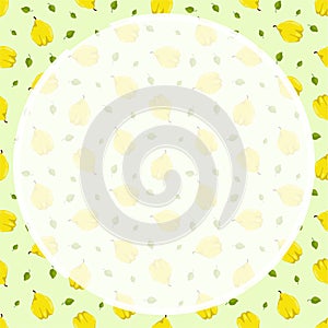 Round frame on background of seamless pattern with quince fruit whole. Exotic fruit. Ornament for social network page decoration.