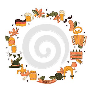 Round frame. Bavarian beer festival for greeting card, invitation, banner, poster, pack, sticker, glass. Oktoberfest