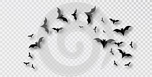 Round Frame with Black Silhouette of Flock of Bats, Isolated on Transparent Background. Traditional Halloween Design.