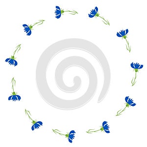 Round frame with blooming blue flowers cornflowers. Vector illustration. Postcard napkin, decoration. Floral pattern for