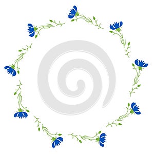 Round frame with blue flowers cornflowers. Postcard napkin, decoration. Vector illustration. Floral pattern for wedding