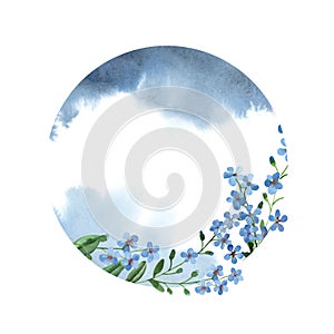 Round frame of blue forget-me-not flowers with green leaf and paint splash