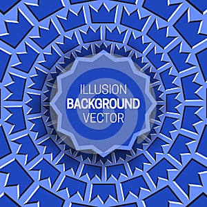 Round frame on blue optical illusion hypnotic background of rotating crown shapes pattern