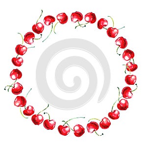 Round frame, border of watercolor single Cherries. Hand drawn bright decoration, images of berry in sketch style