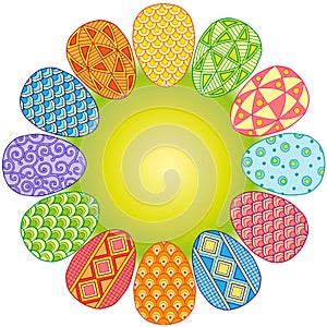 Round frame of bright easter eggs. Vector elements isolated. Background for design of cards to the Easter.